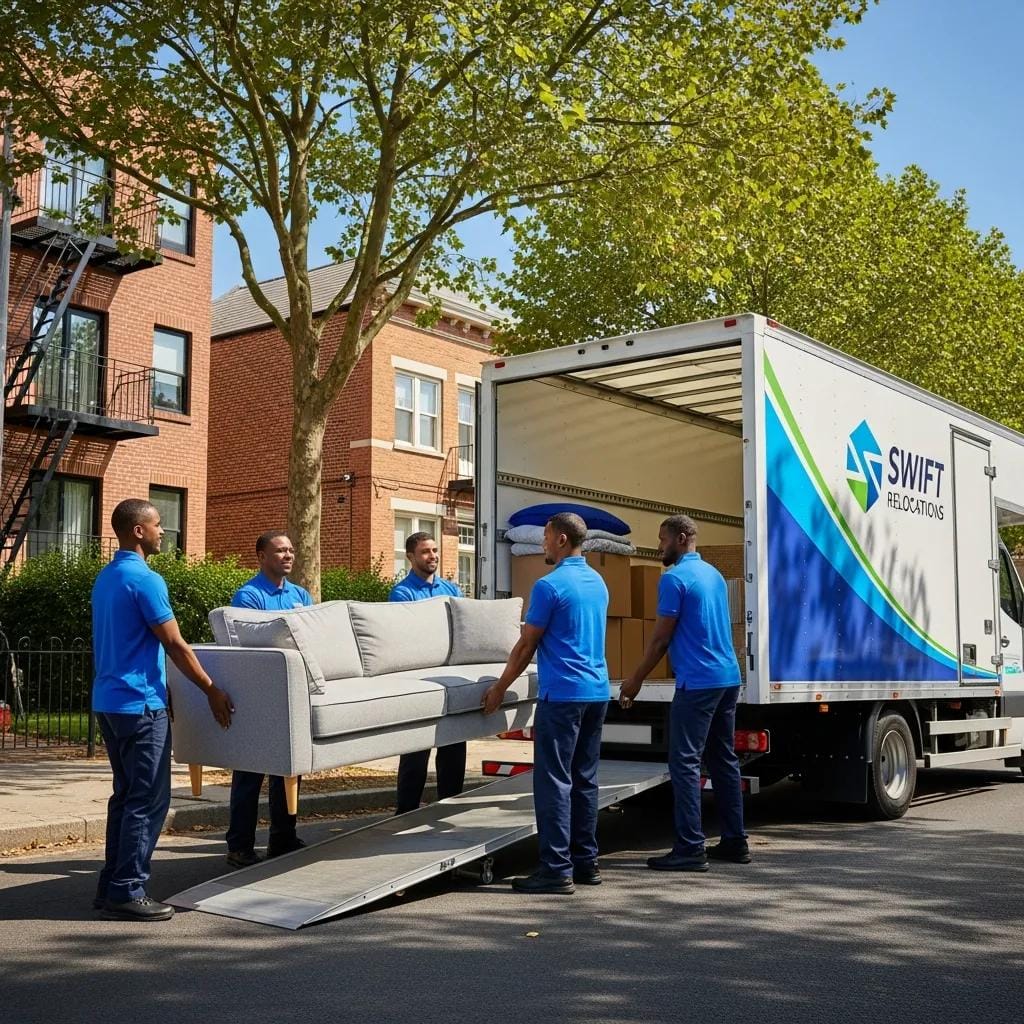 Professional movers handling furniture during a relocation process in an urban setting