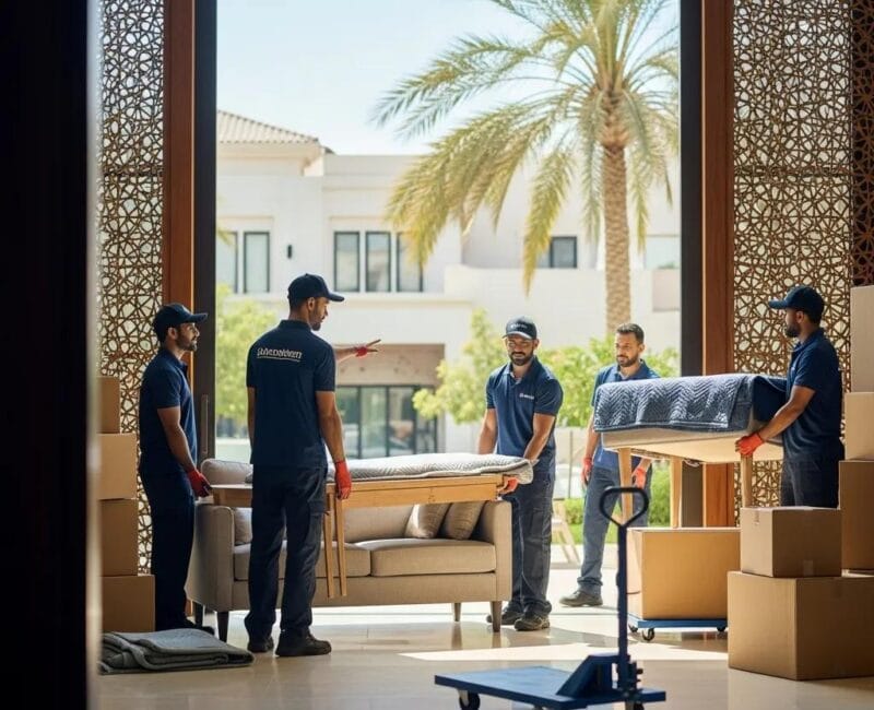 Professional movers handling furniture during a residential move in the UAE