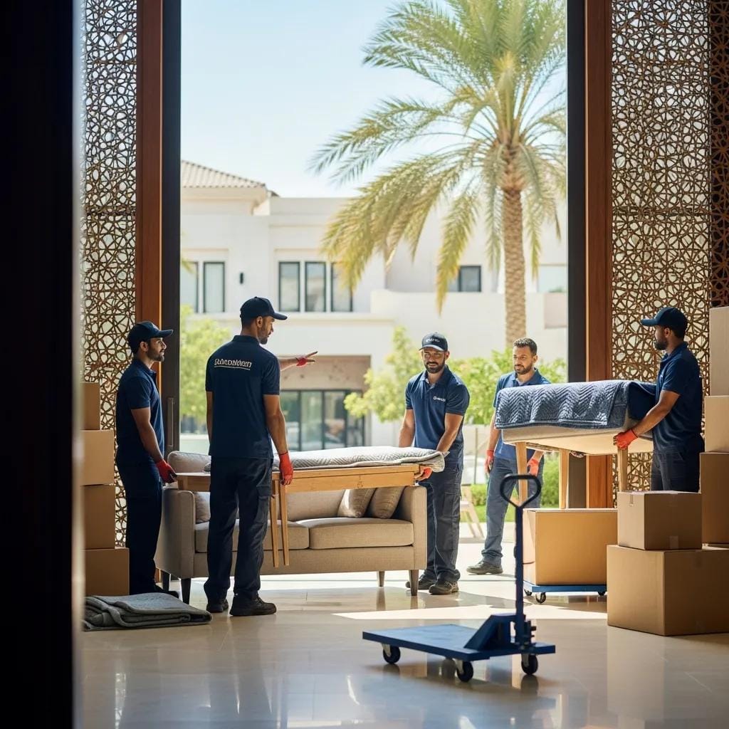 Professional movers handling furniture during a residential move in the UAE
