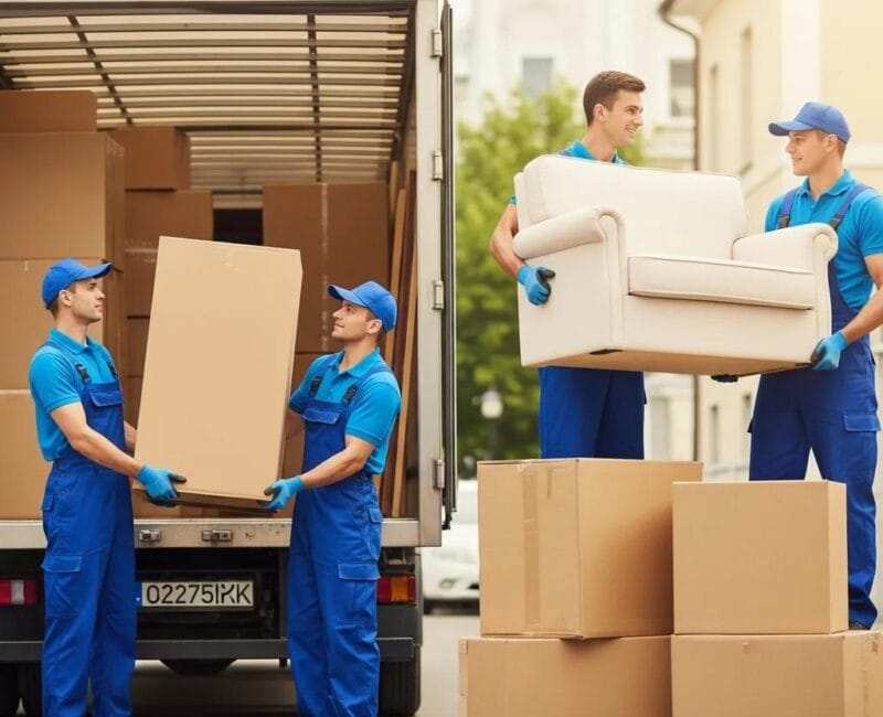Professional movers handling furniture safely during a home relocation