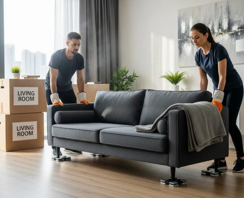Professional movers handling furniture safely during a relocation in Ras Al Khaimah
