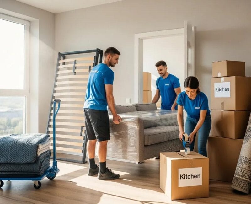 Professional movers handling furniture with care during a moving process