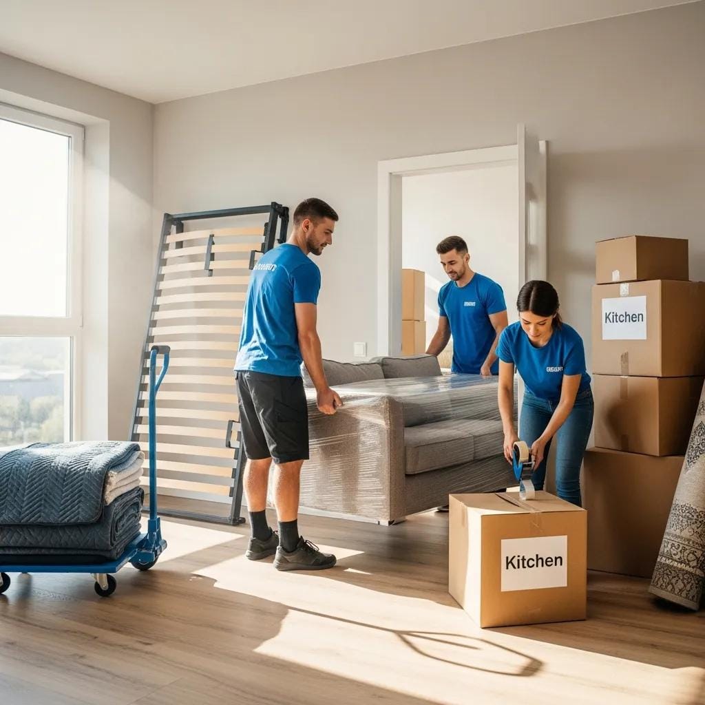 Professional movers handling furniture with care during a moving process