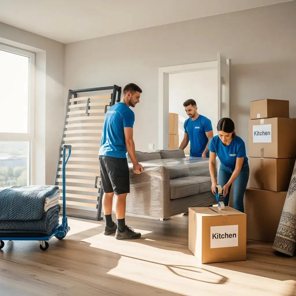 Professional movers handling furniture with care during a moving process