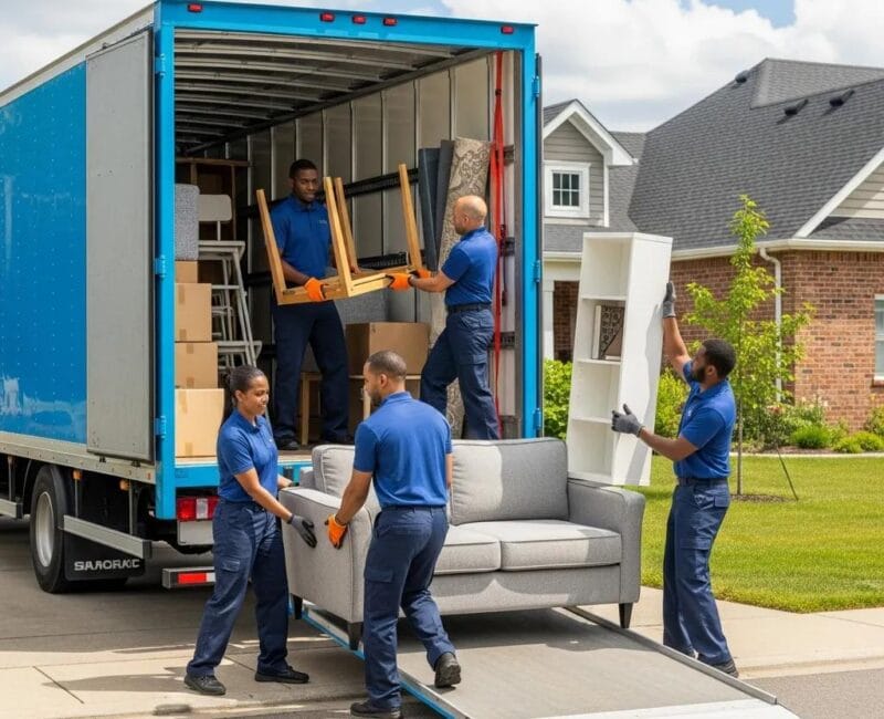 Professional movers loading furniture into a truck in a suburban neighborhood