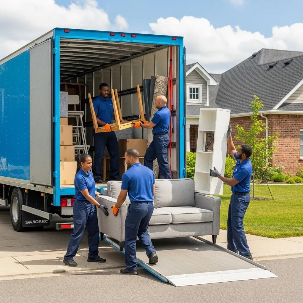 Professional movers loading furniture into a truck in a suburban neighborhood