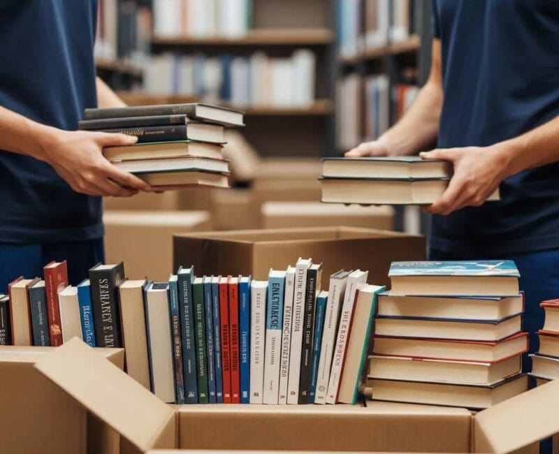 Professional movers packing books for relocation in a library setting