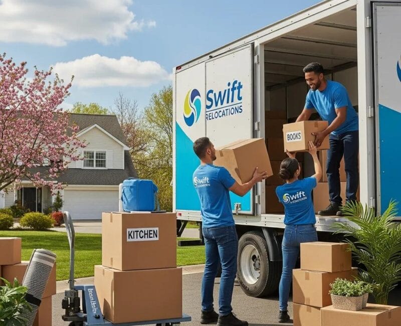 Professional movers packing boxes into a truck in a suburban neighborhood