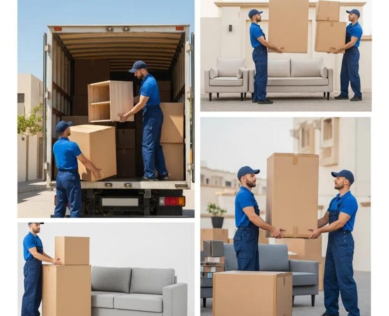 Professional movers packing furniture for relocation in a residential area of the UAE