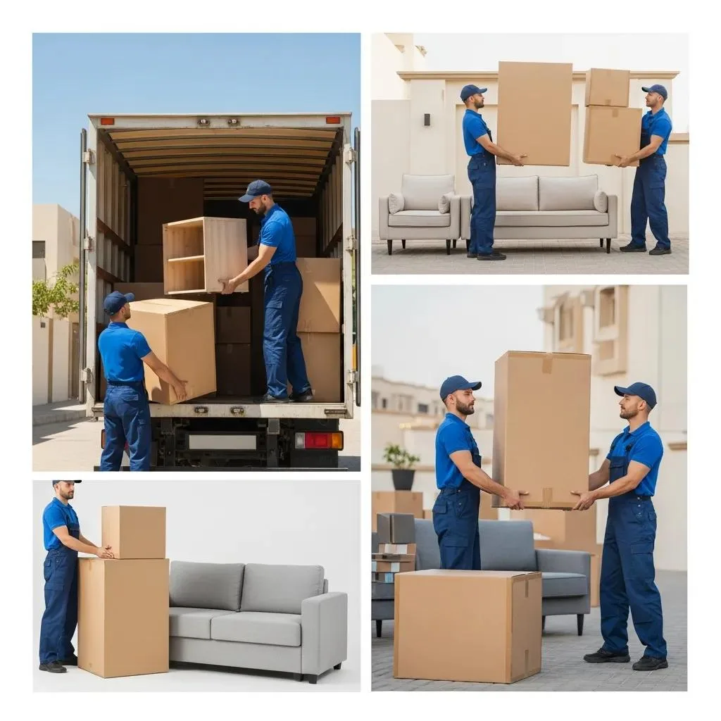 Professional movers packing furniture for relocation in a residential area of the UAE