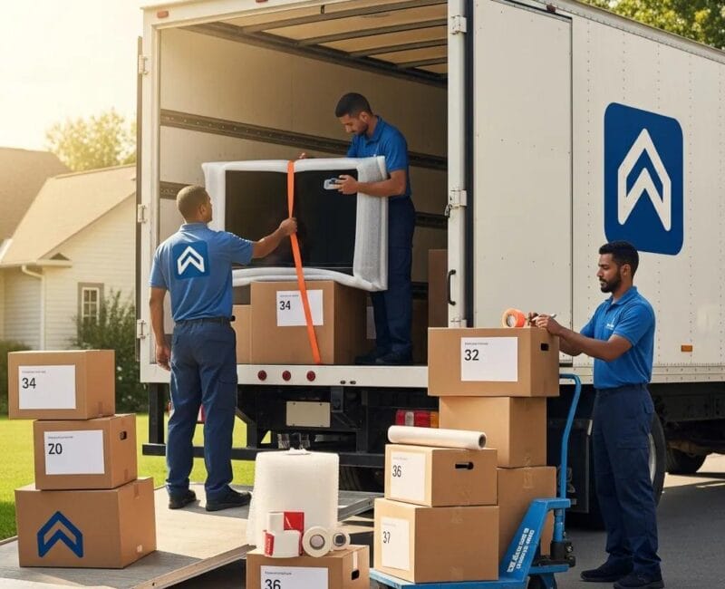 Professional movers packing items into a truck for a stress-free relocation