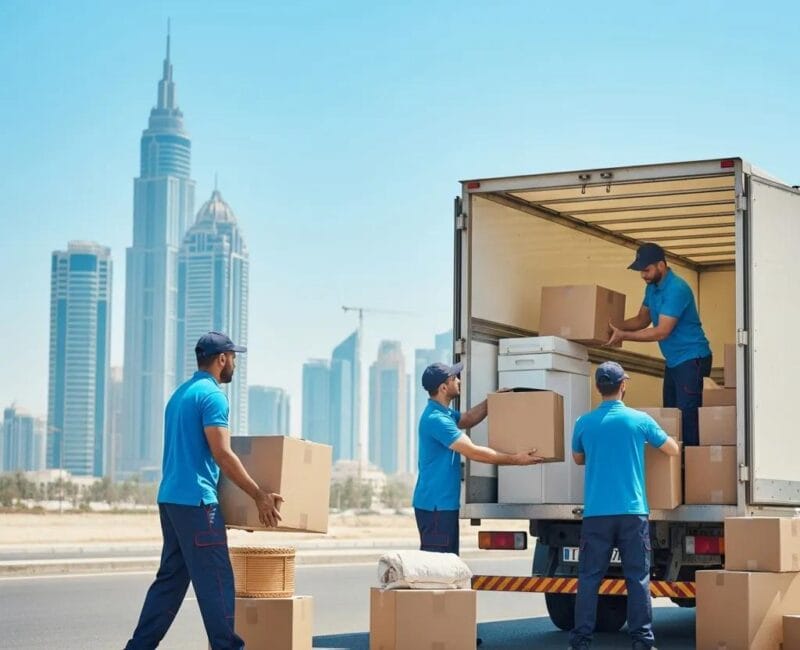 Professional movers packing items into a truck in Sharjah, representing reliable relocation services