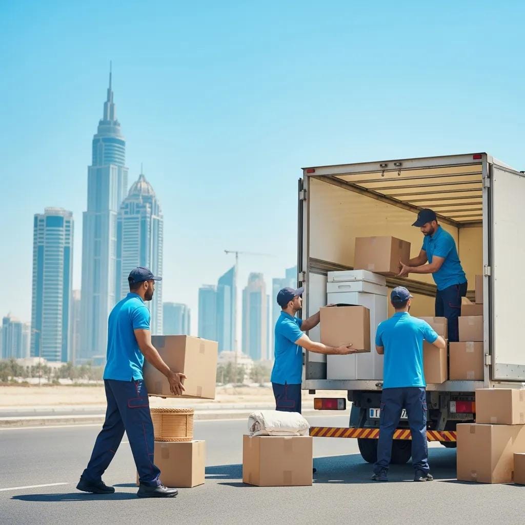Professional movers packing items into a truck in Sharjah, representing reliable relocation services