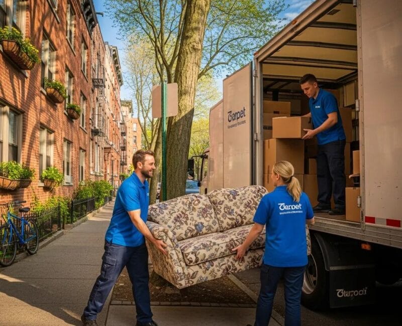 Professional moving team packing furniture into a truck in a sunny urban neighborhood