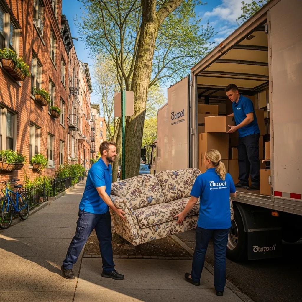 Professional moving team packing furniture into a truck in a sunny urban neighborhood