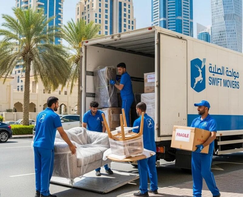 Professional moving team packing furniture into a truck in an urban setting