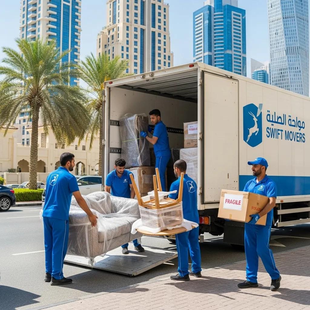 Professional moving team packing furniture into a truck in an urban setting