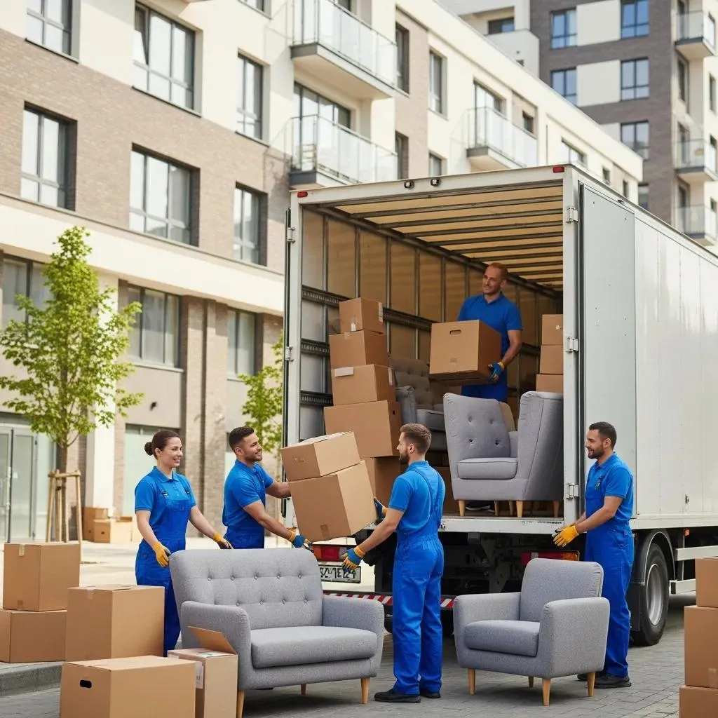 Professional moving team packing furniture into a truck in an urban setting