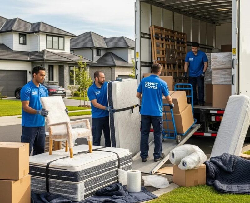 Professional moving team packing furniture into a truck, showcasing efficient moving services