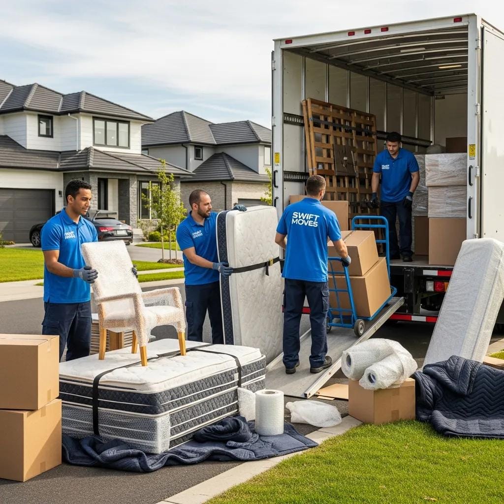 Professional moving team packing furniture into a truck, showcasing efficient moving services