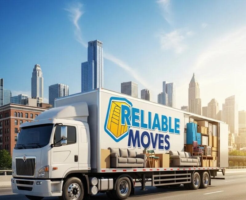 Professional moving truck loaded with furniture against a city skyline, representing reliable long-distance moving services