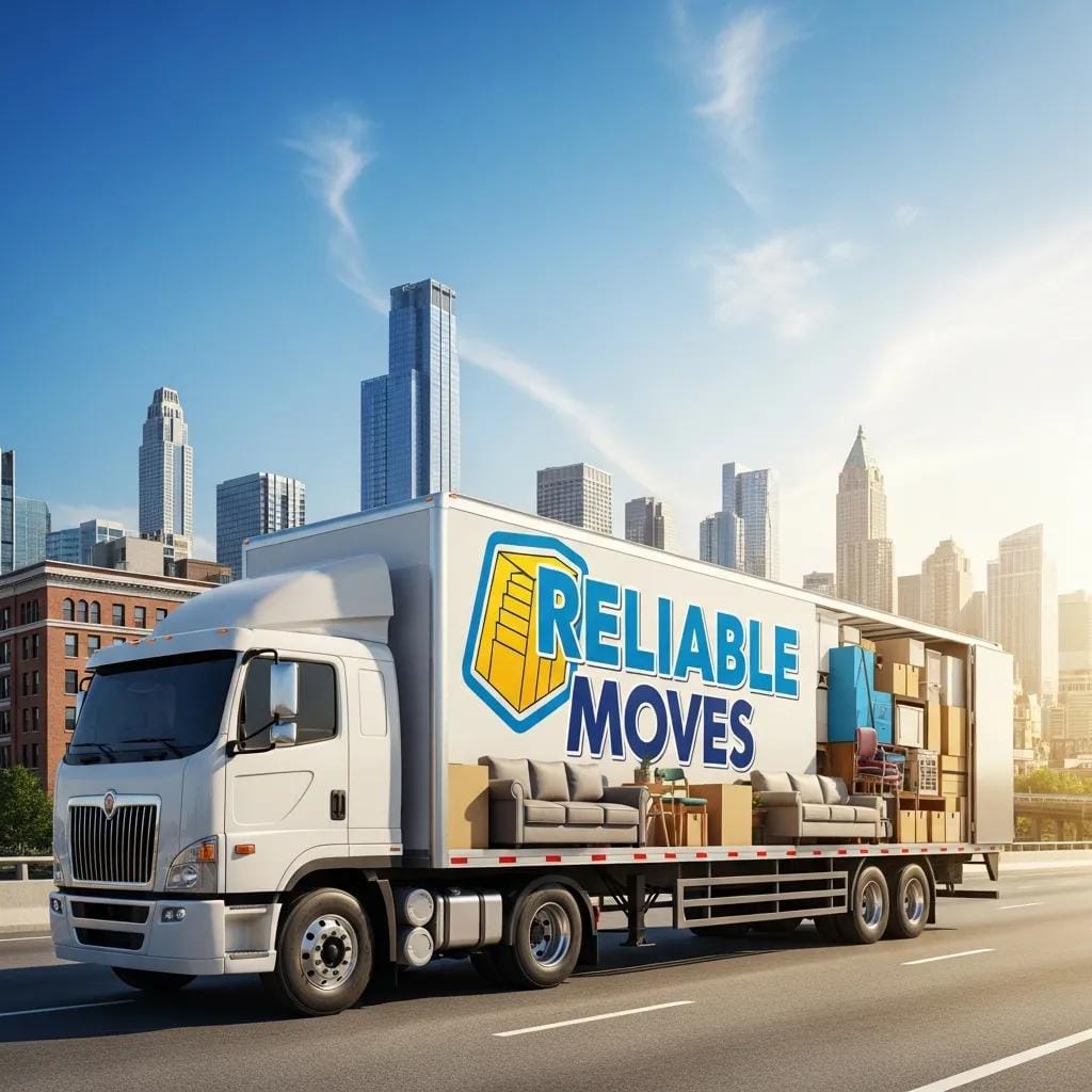Professional moving truck loaded with furniture against a city skyline, representing reliable long-distance moving services