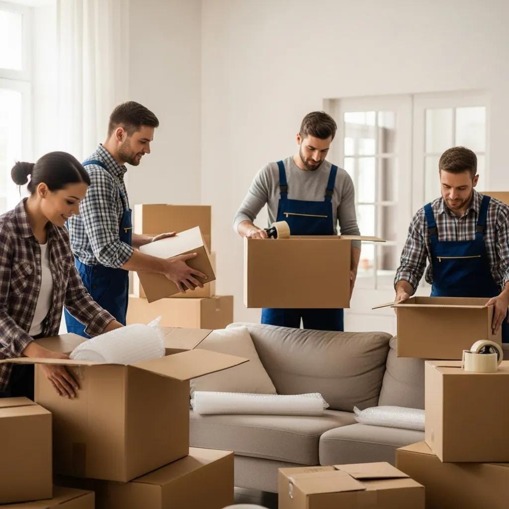 Professional packers organizing and packing boxes in a bright living room, showcasing a stress-free moving experience