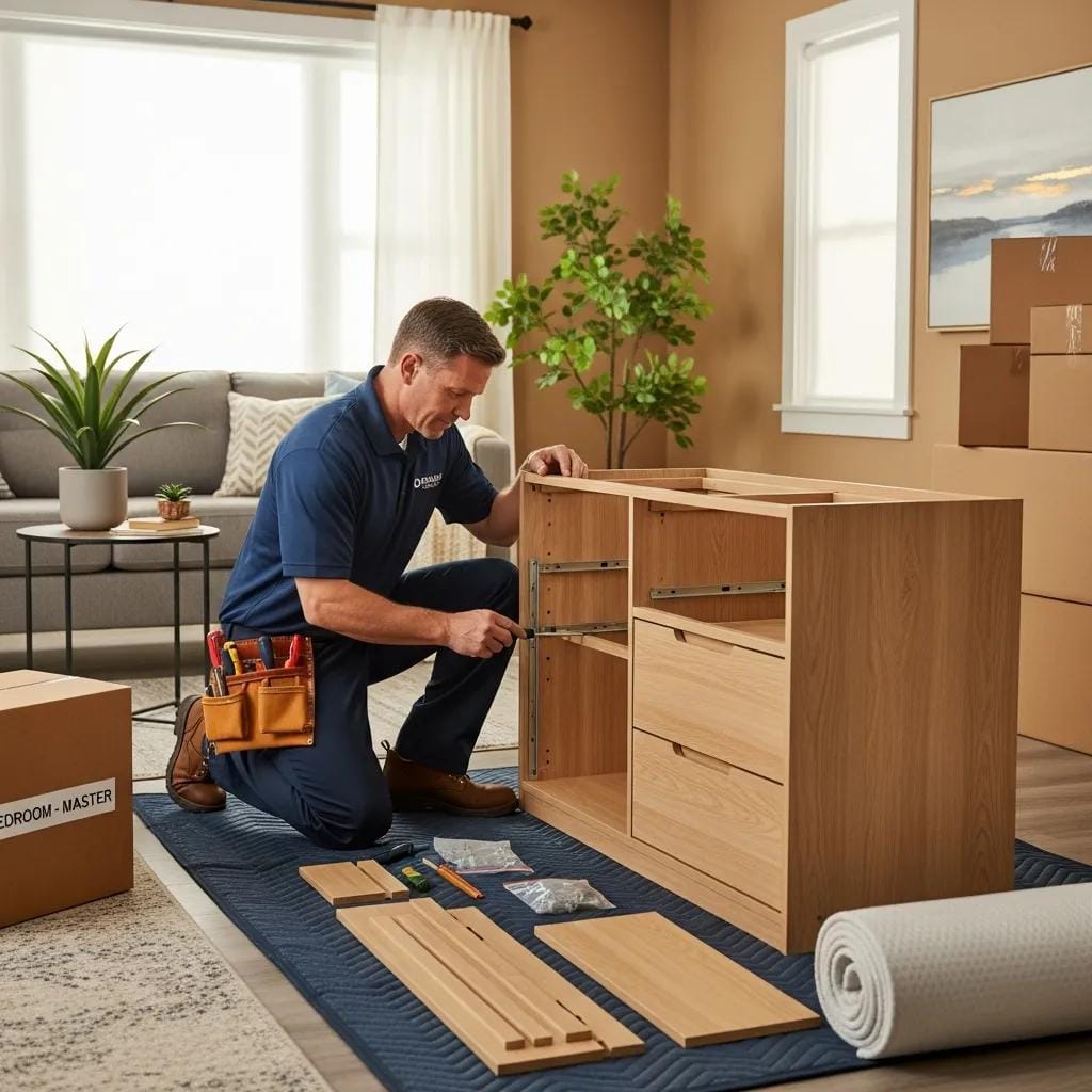 Professional technician assembling furniture safely in a living room