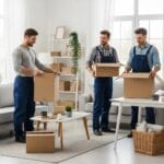 Professional unpacking service team organizing a new home