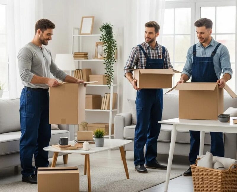 Professional unpacking service team organizing a new home