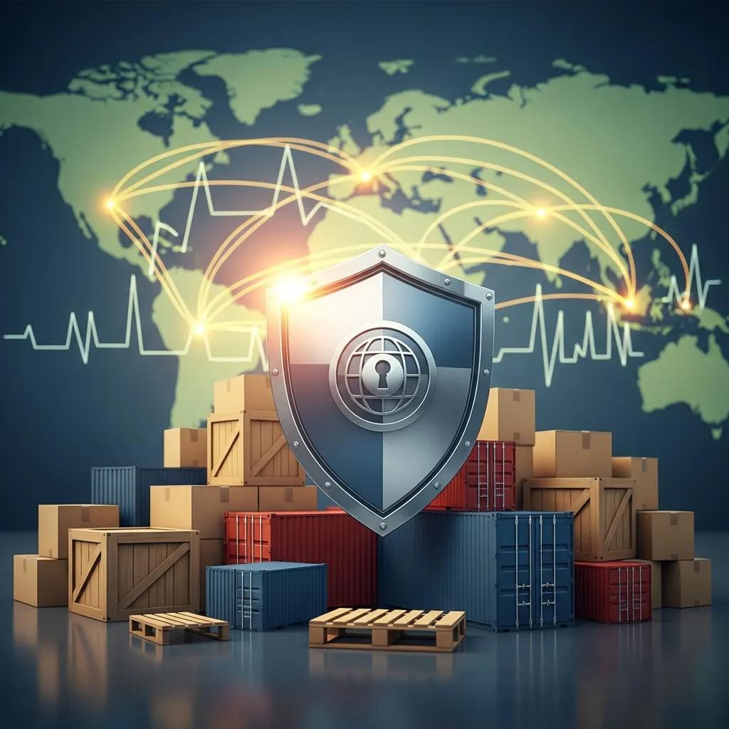 Shield symbolizing protection over shipping items, representing international shipping insurance