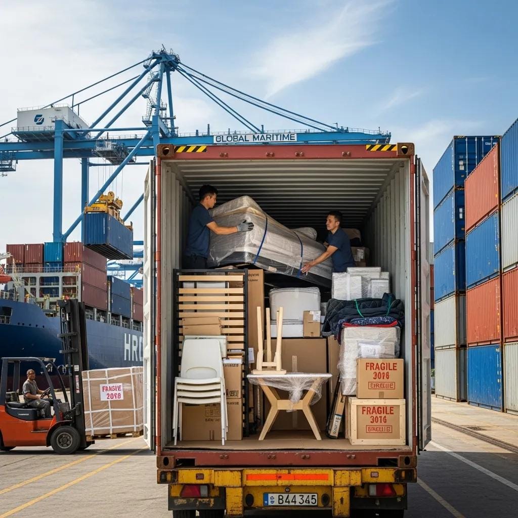 Shipping container loaded with furniture for international transport, illustrating the logistics of moving abroad