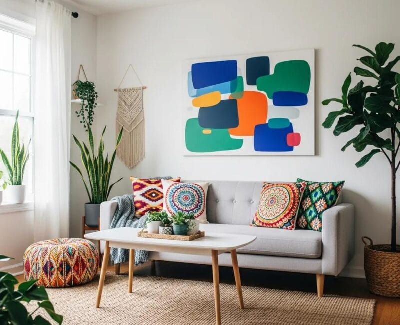 Stylish living room with minimalist and bohemian decor elements