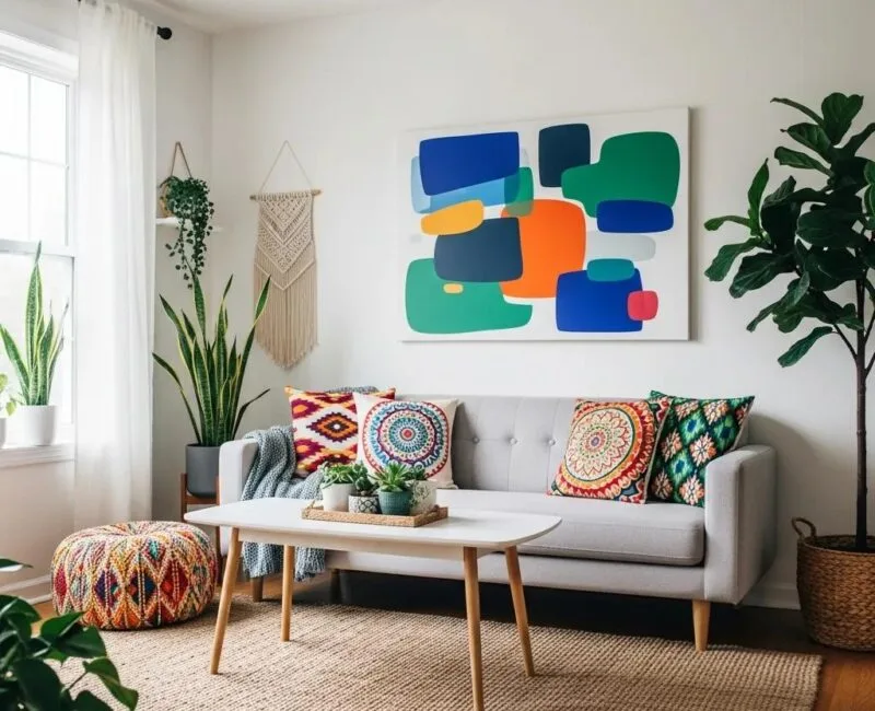 Stylish living room with minimalist and bohemian decor elements