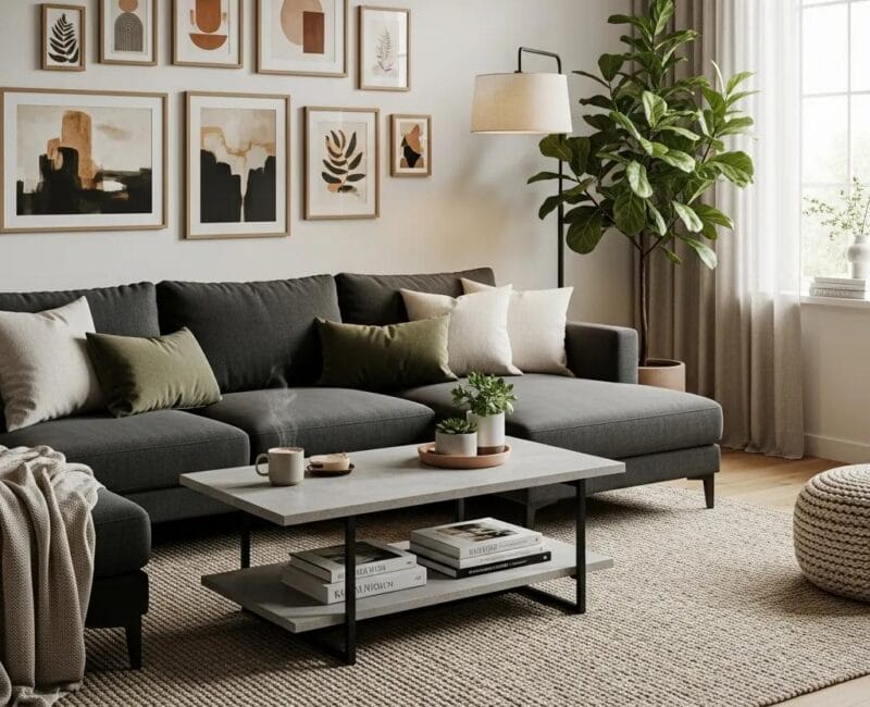Stylish living room with modern sectional sofa and chic coffee table