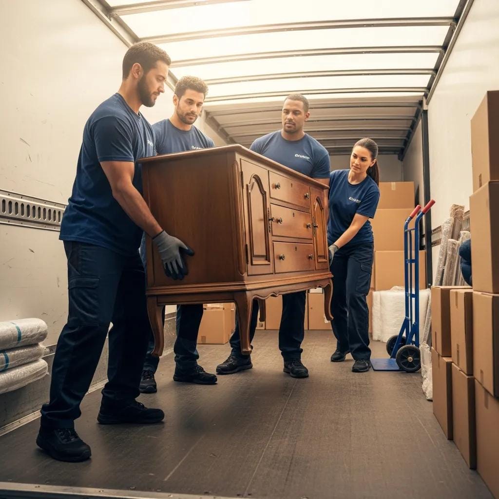 Trained moving crew lifting heavy furniture, emphasizing teamwork and professionalism