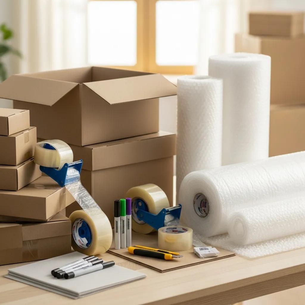 Variety of affordable packing supplies including boxes, tape, and bubble wrap