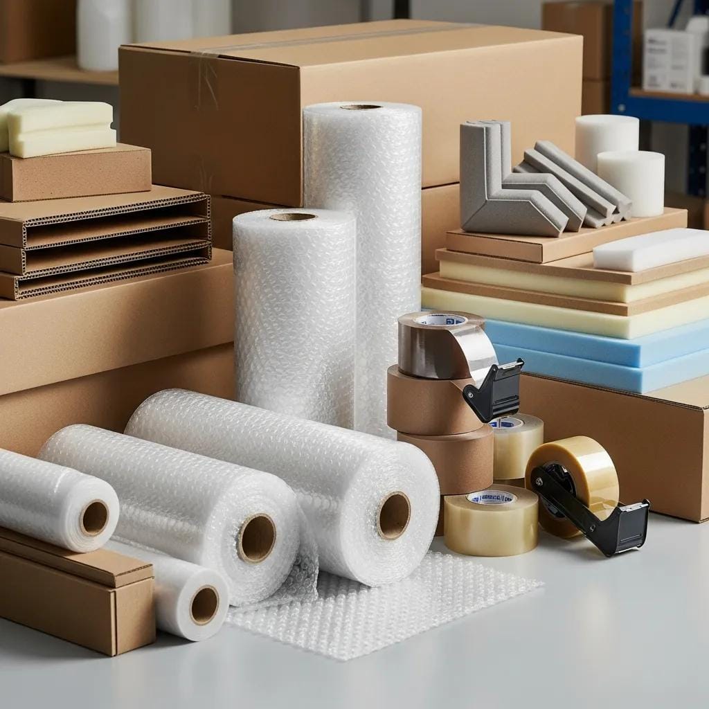 Various packaging materials for furniture shipping, including bubble wrap and boxes, emphasizing protective techniques