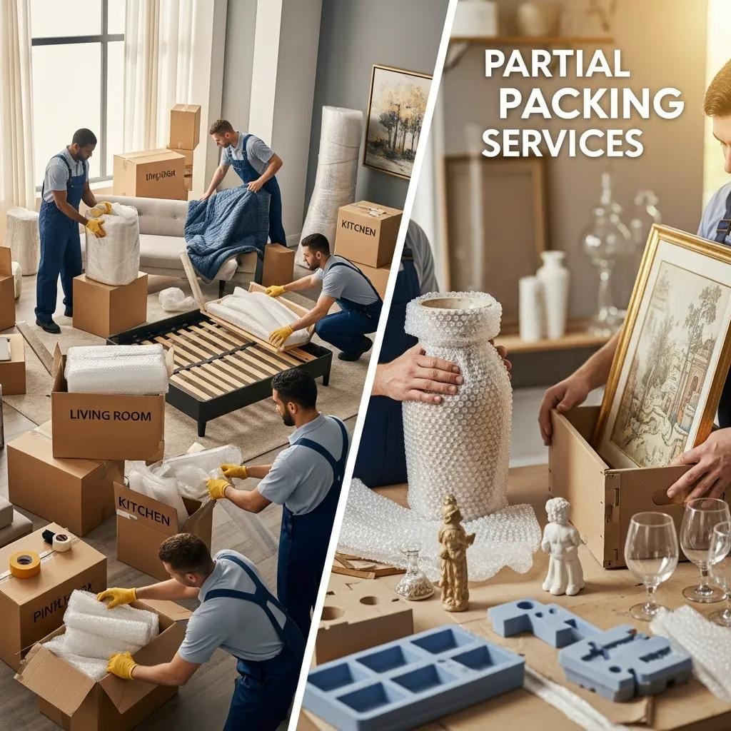 Visual representation of full-service and partial packing services, showcasing professional movers packing a home and fragile items