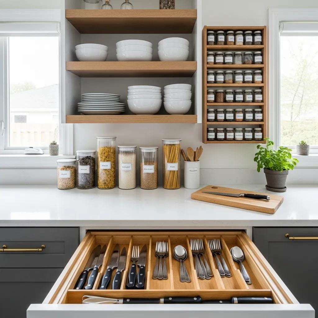 Well-organized kitchen demonstrating efficient home organization techniques