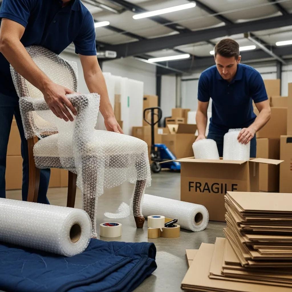 Worker packing furniture with bubble wrap and boxes, highlighting safe packing techniques