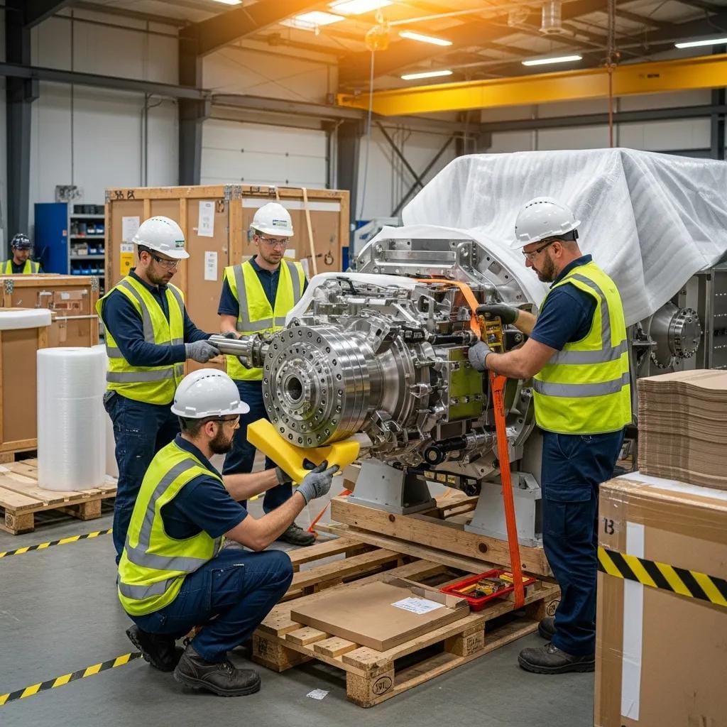 Workers carefully packaging sensitive industrial machines for transport, emphasizing best practices in handling