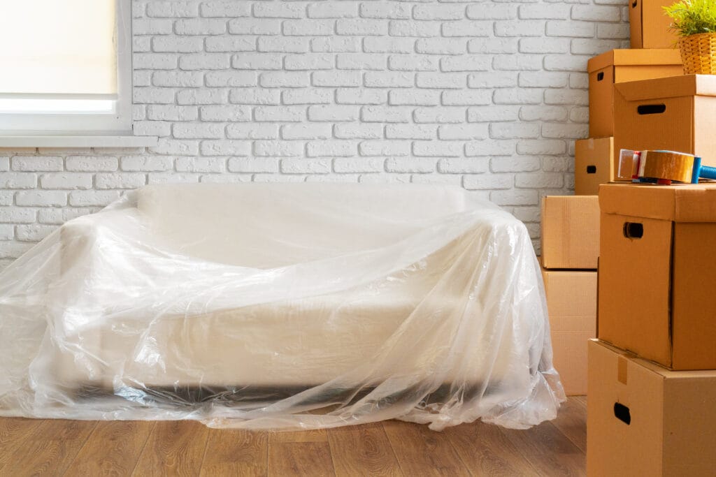 movers in dubai - Packed sofa and stack of cardboard boxes in a room. Moving concept